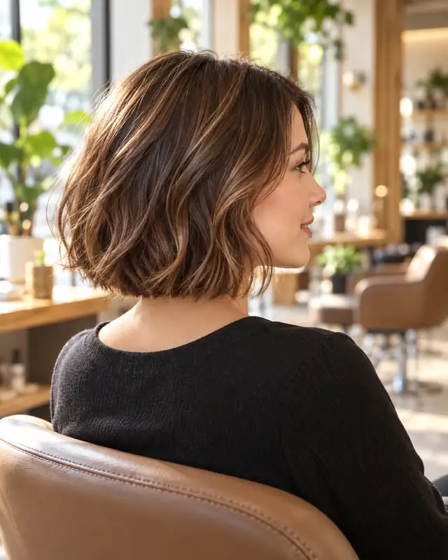 Frau von hinten im Salon; beim Scrollen wachsen ihre Haare von kinnlang bis zur Taille