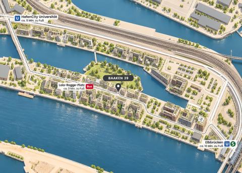 Lageplan: Baaken 39 an der Baakenallee 39. Fußwege: Bus 111 Lola-Rogge-Platz ca. 3 Minuten, U4 HafenCity Universität ca. 11 Minuten, U/S Elbbrücken ca. 10 Minuten