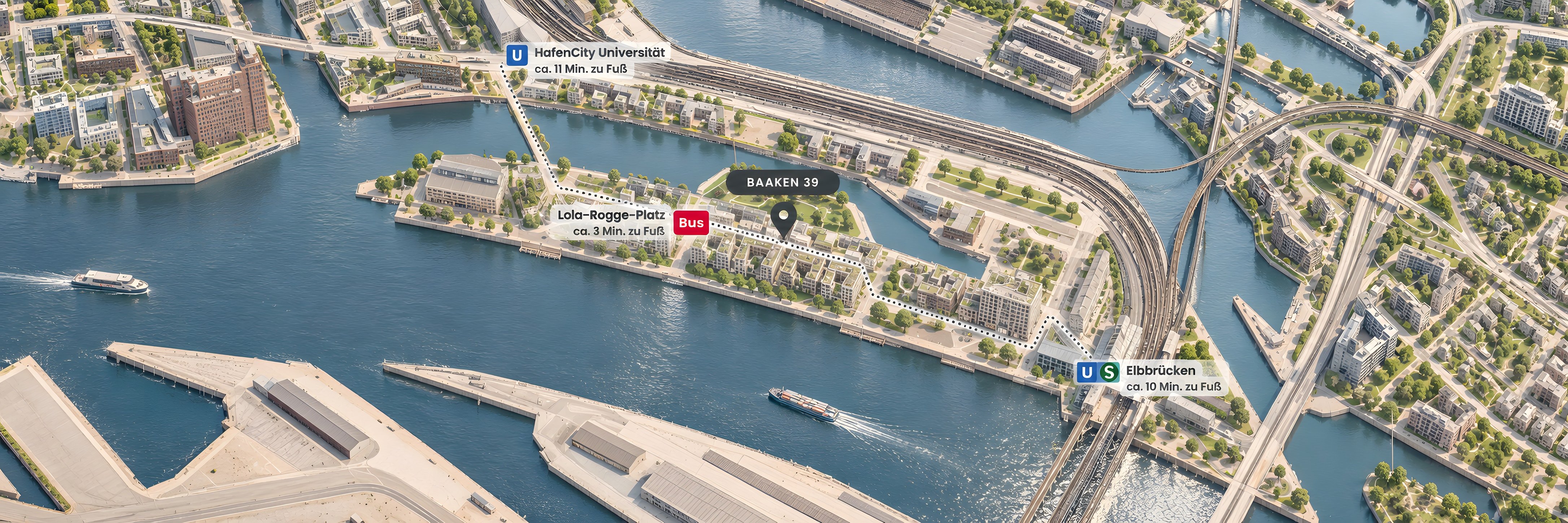 Lageplan: Baaken 39 an der Baakenallee 39. Fußwege: Bus 111 Lola-Rogge-Platz ca. 3 Minuten, U4 HafenCity Universität ca. 11 Minuten, U/S Elbbrücken ca. 10 Minuten